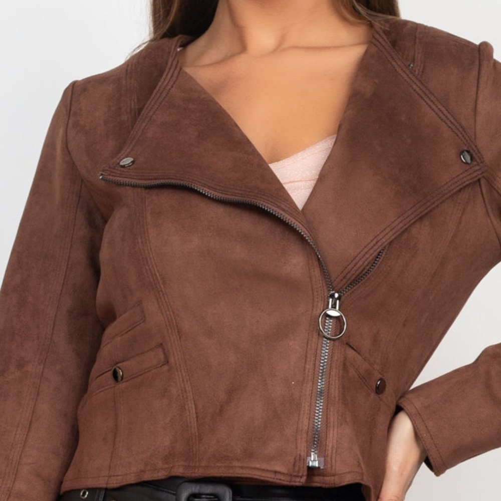 Cropped Zip-up Moto Suede Jacket | Brown